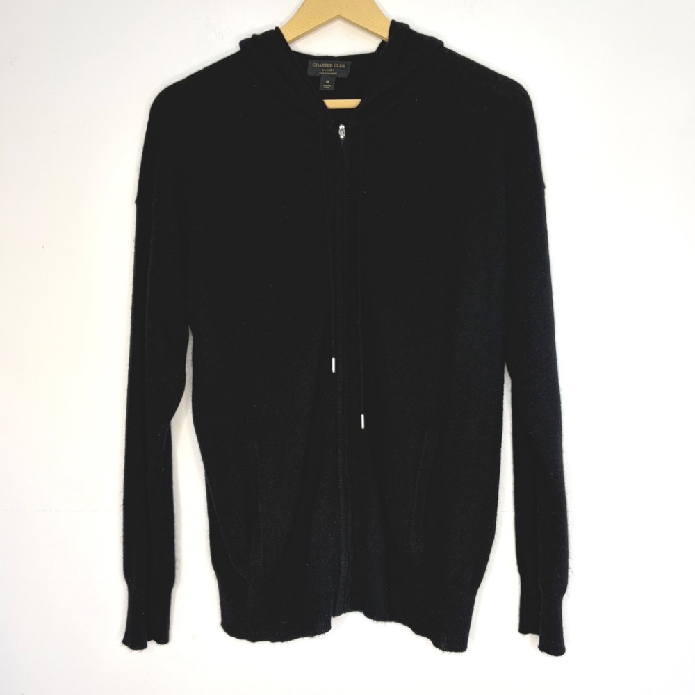 Charter Club Cashmere Zip Up Hoodie Womens M Black Luxury